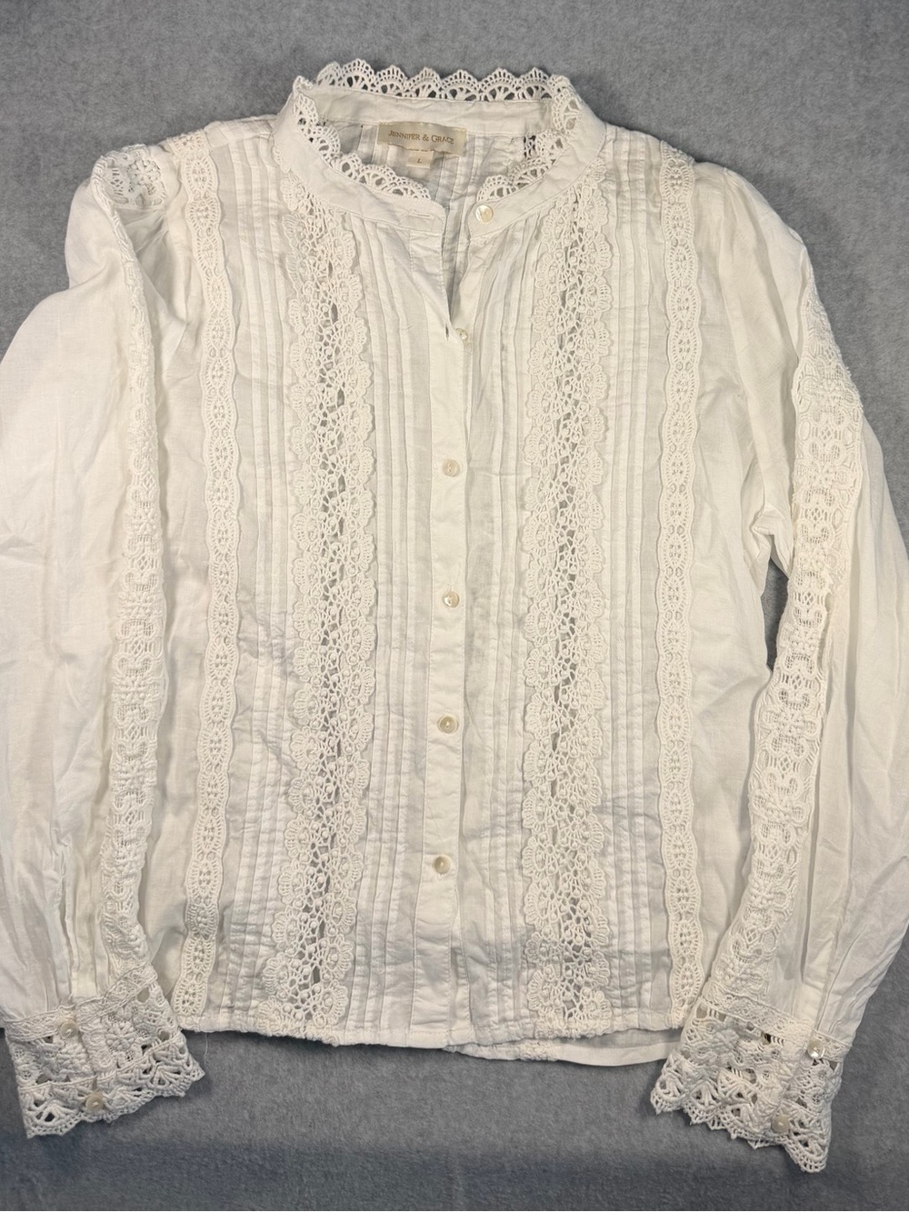 Jennifer & Grace White Lace Pintuck Button-Up Blouse